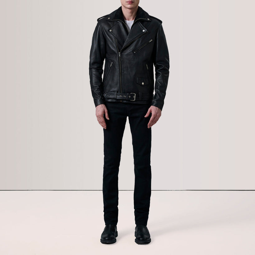 Kole أسود Leather Double Rider جاكيت جلد رجالي