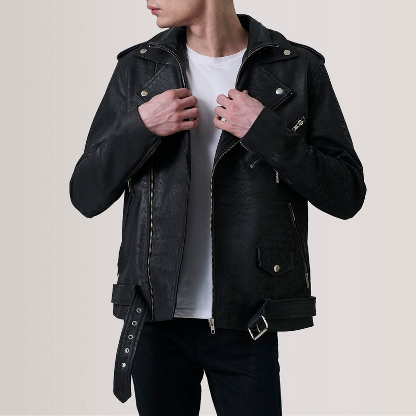 Kole Distressed أسود Leather Double Rider جاكيت جلد رجالي