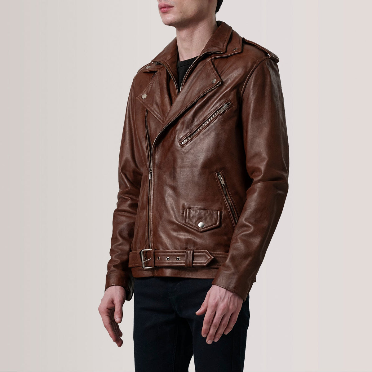 
Kole Waxed بني Leather Double Rider جاكيت جلد رجالي - عرض جانبي يوضح قَصّة الأكمام المريحة