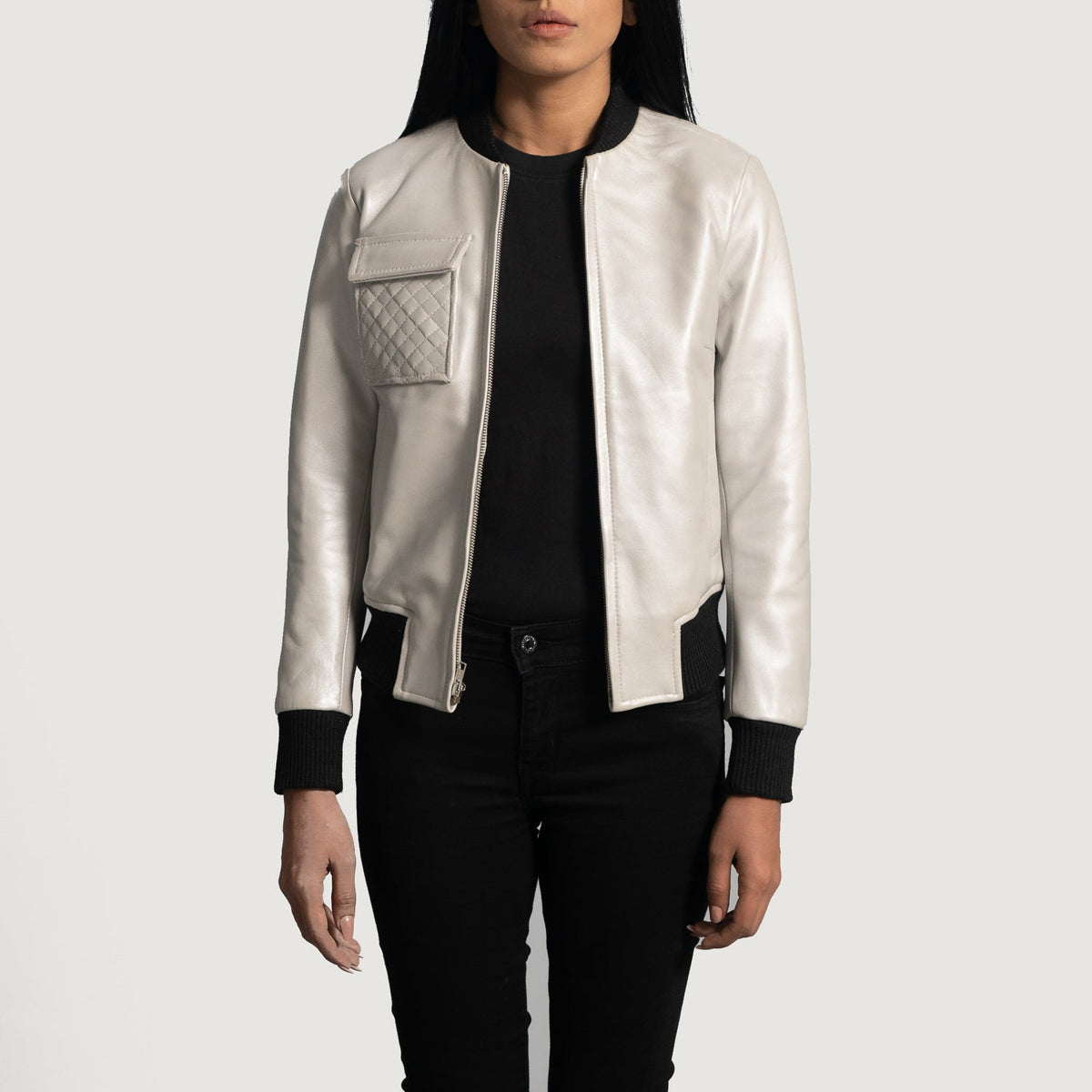 Women's Lana Silver جاكيت بومبر جلد نسائي in Silver Sheepskin Leather - Front Profile View &amp; Tailored Silhouette | Buy Online