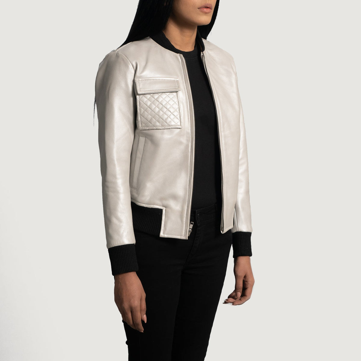 Women's Lana Silver جاكيت بومبر جلد نسائي - Lateral Side Profile View Showing Sleeve Cut &amp; Athletic Taper Fit