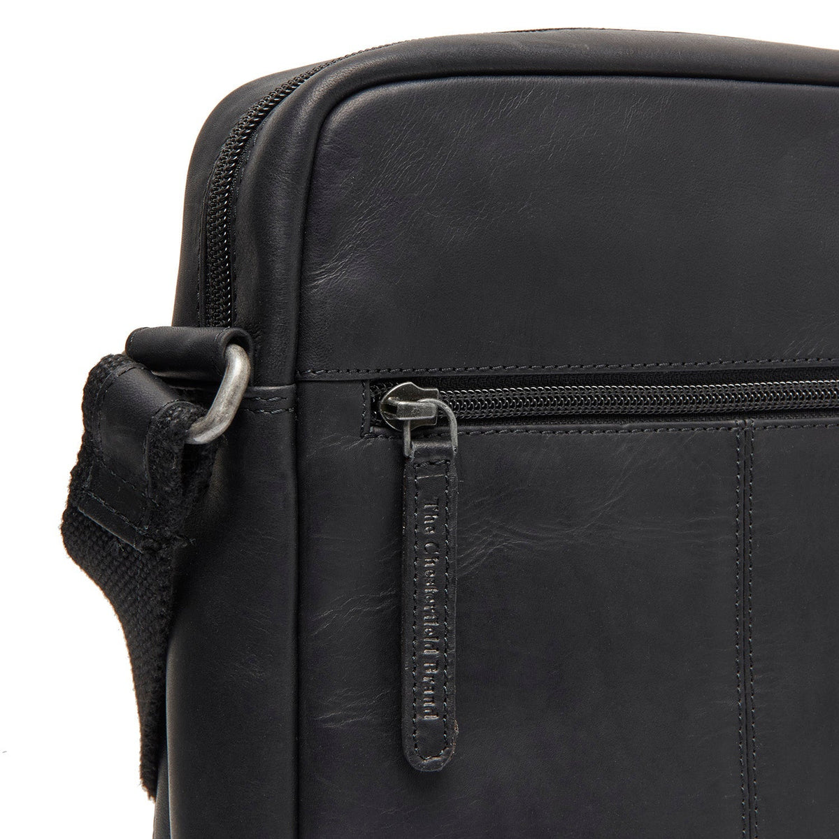 Solid Antique Brass Hardware &amp; Heavy-Duty Dual Zipper Detail on Anzora Full-Grain Leather Crossbody Bag رجالي