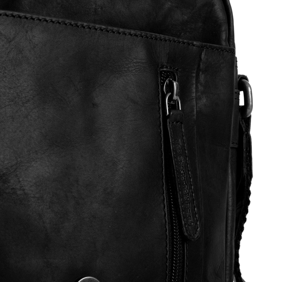 Solid Antique Brass Hardware & Heavy-Duty Dual Zipper Detail on Remy Full-Grain Leather Crossbody Bag