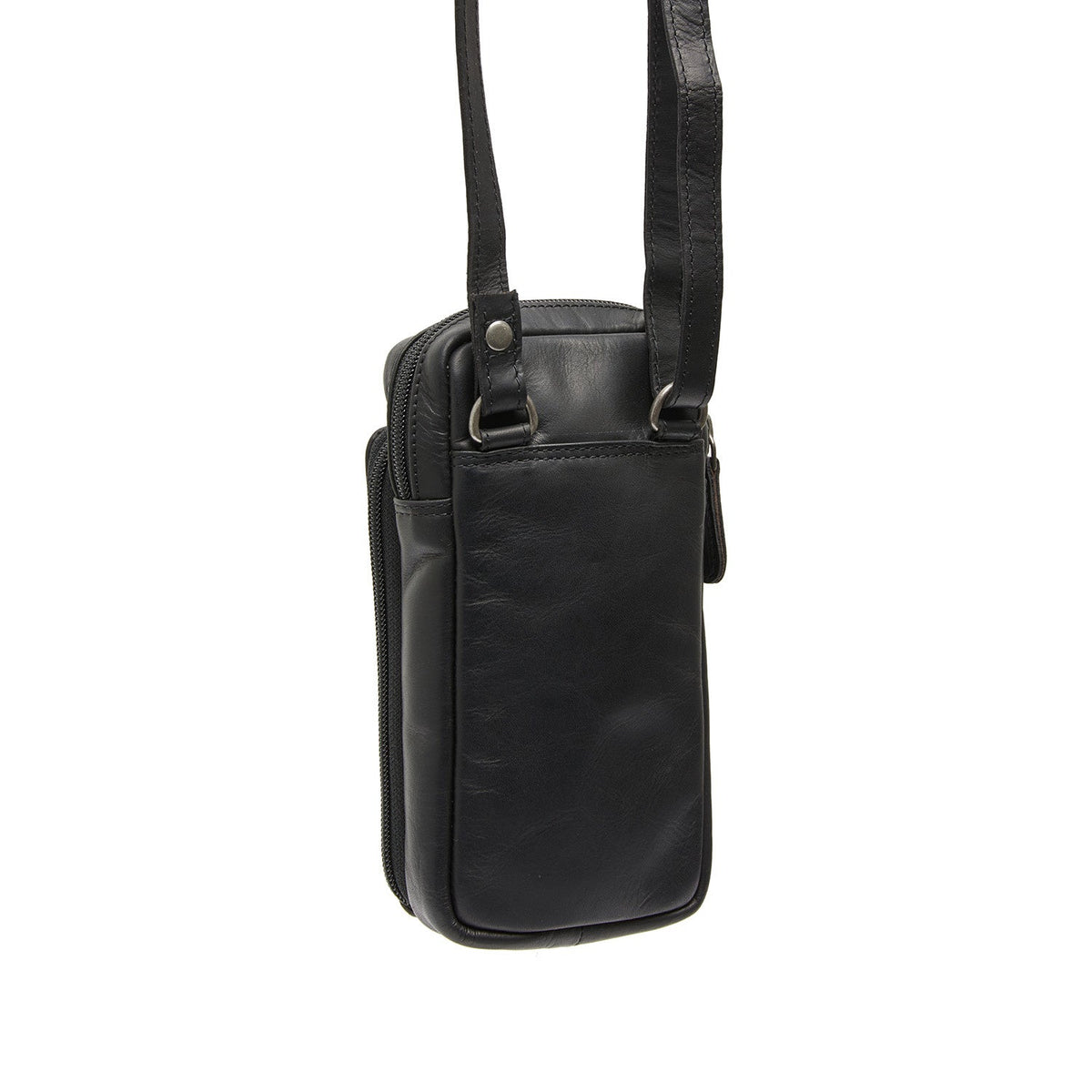 Styled Fit Perspective of Valdes Full-Grain Leather Phone Bag نسائي on Model - Natural Daylight Drape
