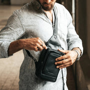 Classic 100% Full-Grain leather Bag - Rear Perspective Showing Reinforced Leather Straps &amp; Stitching