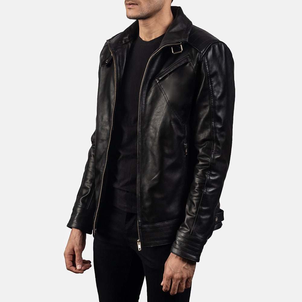 
Black Cowhide Leather Biker Jacket - عرض خلفي يوضح تفصيل الأكتاف المتقن والحاشية النظيفة