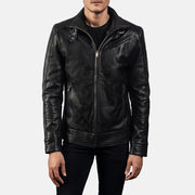 
تفاصيل مقربة of High neck with Belt & Zipper Hardware on Legacy أسود جاكيت بايكر جلد طبيعي رجالي