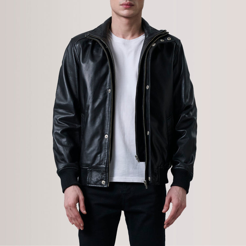 Lester Brown Suede Bomber Jacket For Men in Brown Goatskin Suede - Front Profile View & Tailored Silhouette | Buy Online
