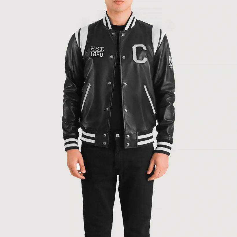 Liberte California أسود Leather Varsity جاكيت جلد رجالي