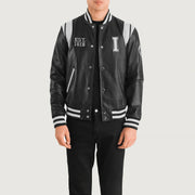 Liberte Illinois أسود Leather Varsity جاكيت جلد رجالي in Black &amp; White Sheepskin Leather - Front Profile View &amp; Tailored Silhouette | Buy Online