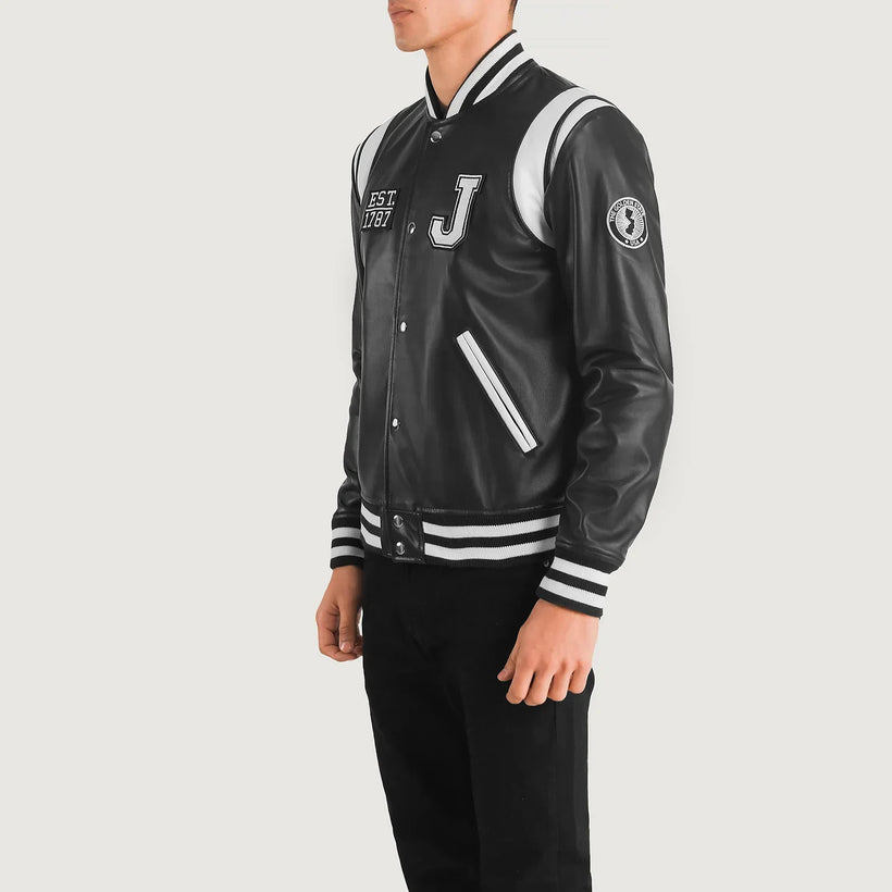 Liberte New Jersey أسود Leather Varsity جاكيت جلد رجالي