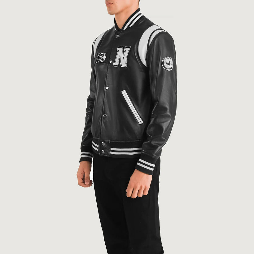 Liberte New York أسود Leather Varsity جاكيت جلد رجالي
