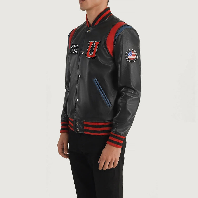 Liberte Usa أسود Leather Varsity جاكيت جلد رجالي