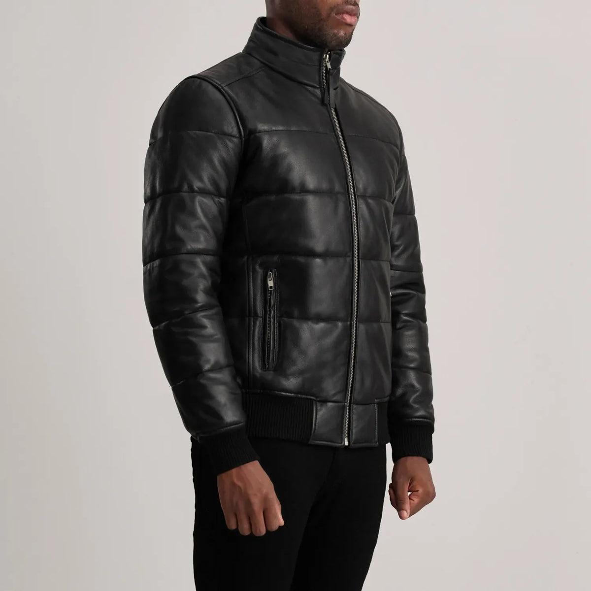 Blue Sheepskin Leather Bomber Jacket - Back View Showing Tailored Shoulder Fit &amp; Clean Hemline