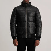 Close-Up Detail of High neck &amp; Zipper Hardware on Lucas Blue Leather Puffer Bomber Jacket