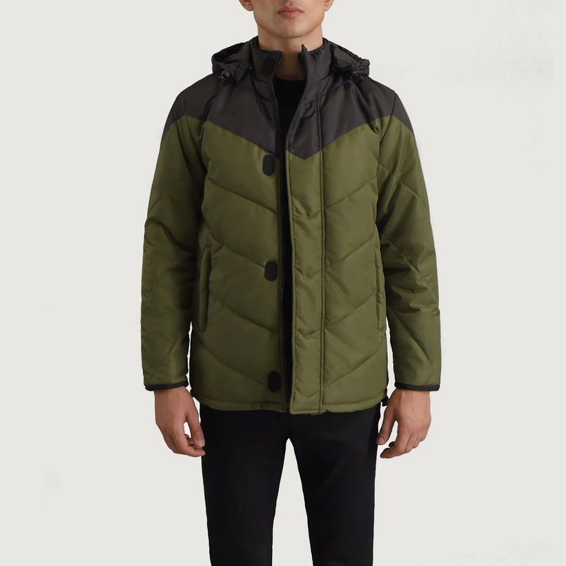 Luka أسود & أخضر Hooded Puffer جاكيت جلد رجالي