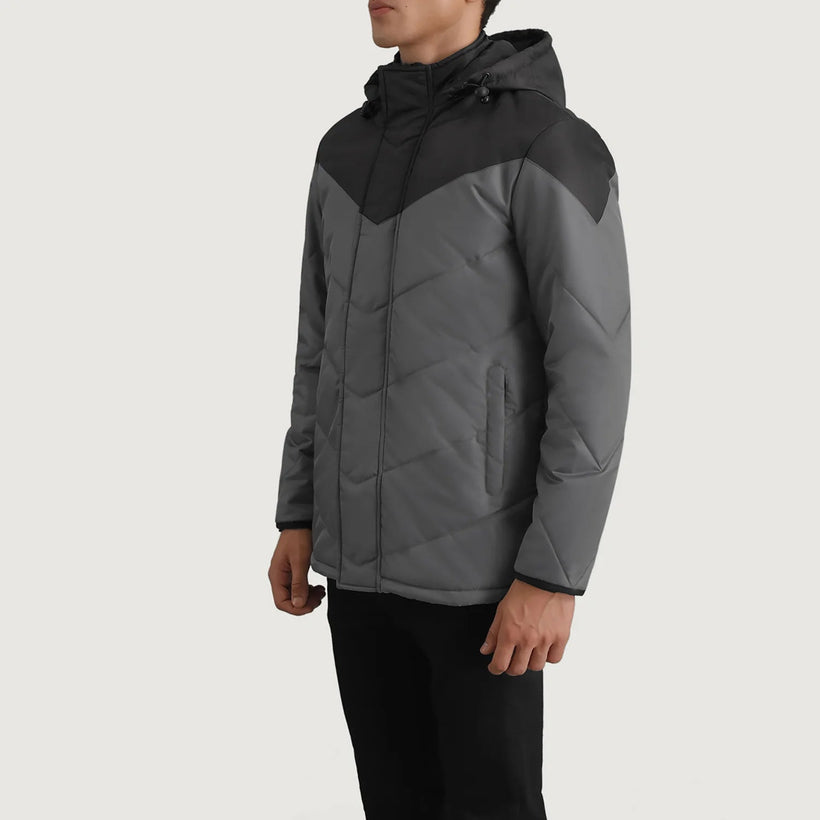 Luka أسود & Grey Hooded Puffer جاكيت جلد رجالي