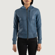 
تفاصيل مقربة of Hooded & Zipper Hardware on Luna Blue Hooded Leather Bomber Jacket