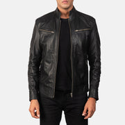Men's Mack Black Leather Biker Jacket in Black Goatskin Leather - Front Profile View & Tailored Silhouette | Buy Online