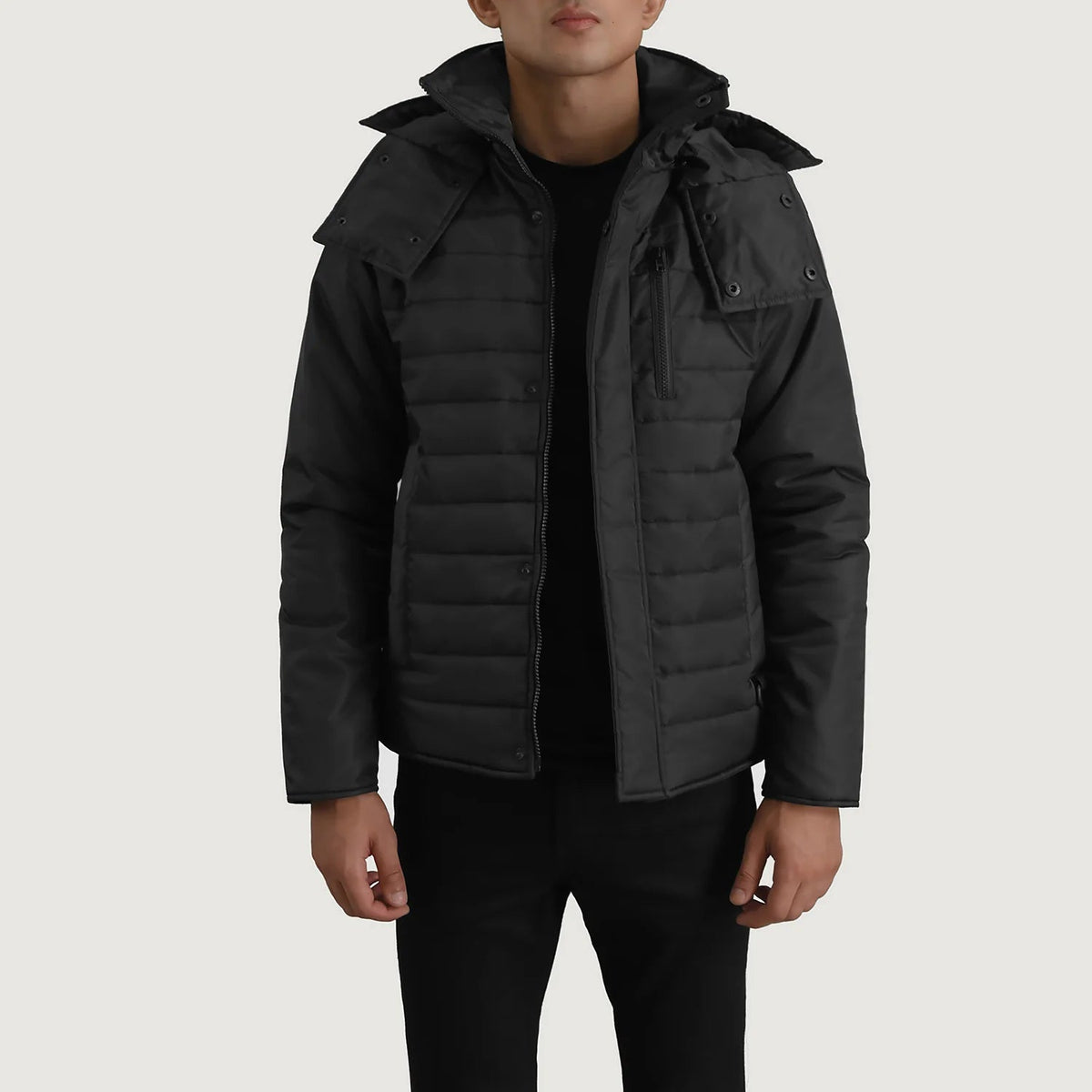 
Malcolm أسود Hooded Puffer جاكيت جلد رجالي جلد بقر طبيعي أسود فاخر - عرض أمامي وقَصّة مفصلة أنيقة | شراء أونلاين عبر المتجر الرسمي
