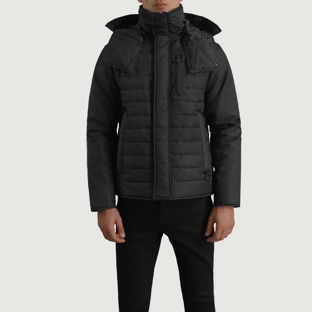 
تفاصيل مقربة of Classic Collar & Zipper With Placket Hardware on Malcolm أسود Hooded Puffer جاكيت جلد رجالي