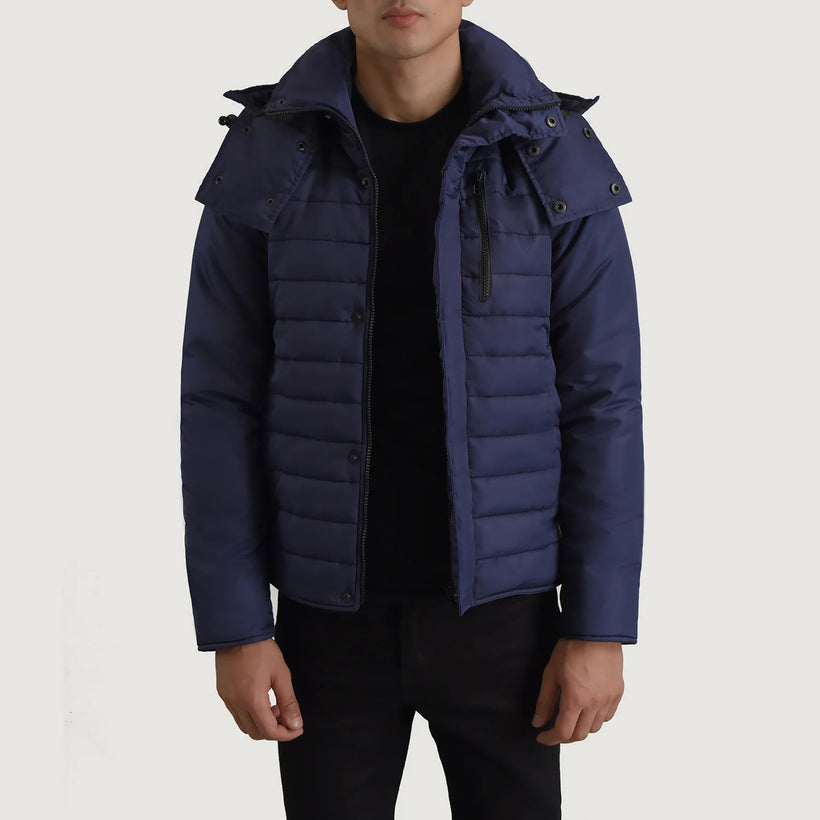 Malcolm أزرق Hooded Puffer جاكيت جلد رجالي