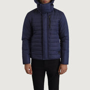 
تفاصيل مقربة of Classic Collar & Zipper With Placket Hardware on Malcolm أزرق Hooded Puffer جاكيت جلد رجالي