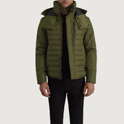 
Malcolm أخضر Hooded Puffer جاكيت جلد رجالي in Green Full-Grain Leather - عرض أمامي وقَصّة مفصلة أنيقة | شراء أونلاين عبر المتجر الرسمي