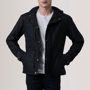 Marlo أسود Canvas Hooded Work جاكيت جلد رجالي For Men in Black Waxed Cotton Canvas - Front Profile View &amp; Tailored Silhouette | Buy Online