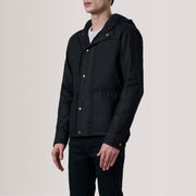 Marlo أسود Canvas Hooded Work جاكيت جلد رجالي For Men - Lateral Side Profile View Showing Sleeve Cut &amp; Athletic Taper Fit