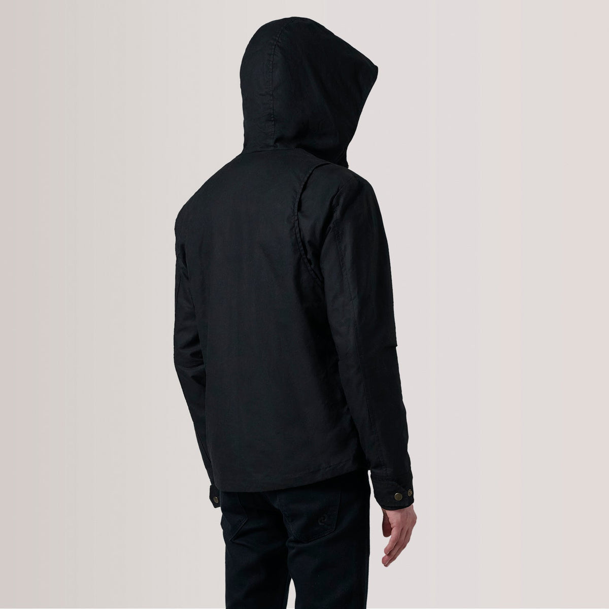 Close-Up Detail of Hooded &amp; Zipper with placket Hardware on Marlo أسود Canvas Hooded Work جاكيت جلد رجالي For Men