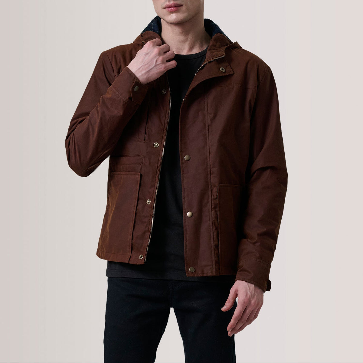 Marlo Brown Canvas Hooded Work Jacket For Men in Brown Waxed Cotton Canvas - Front Profile View & Tailored Silhouette | Buy Online