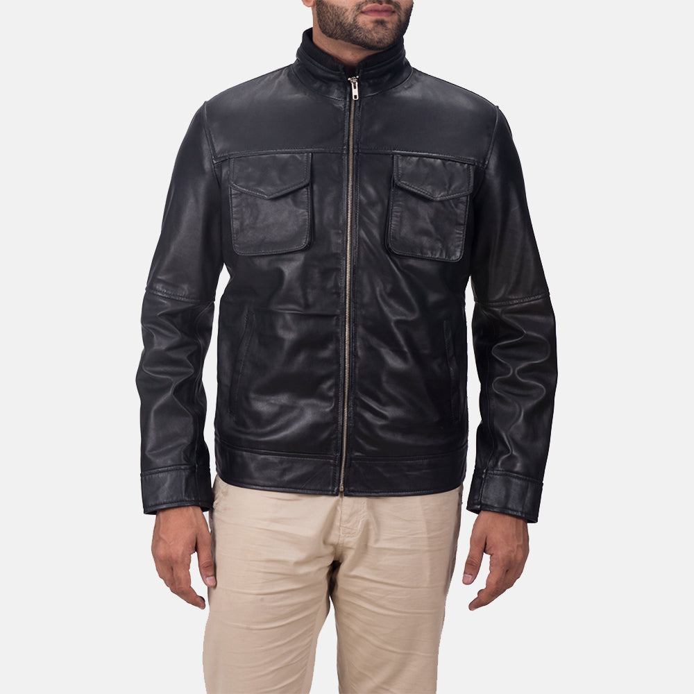 Maurice أسود جاكيت جلد رجالي in Black Sheepskin Leather - Front Profile View &amp; Tailored Silhouette | Buy Online