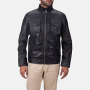 Maurice أسود جاكيت جلد رجالي in Black Sheepskin Leather - Front Profile View &amp; Tailored Silhouette | Buy Online