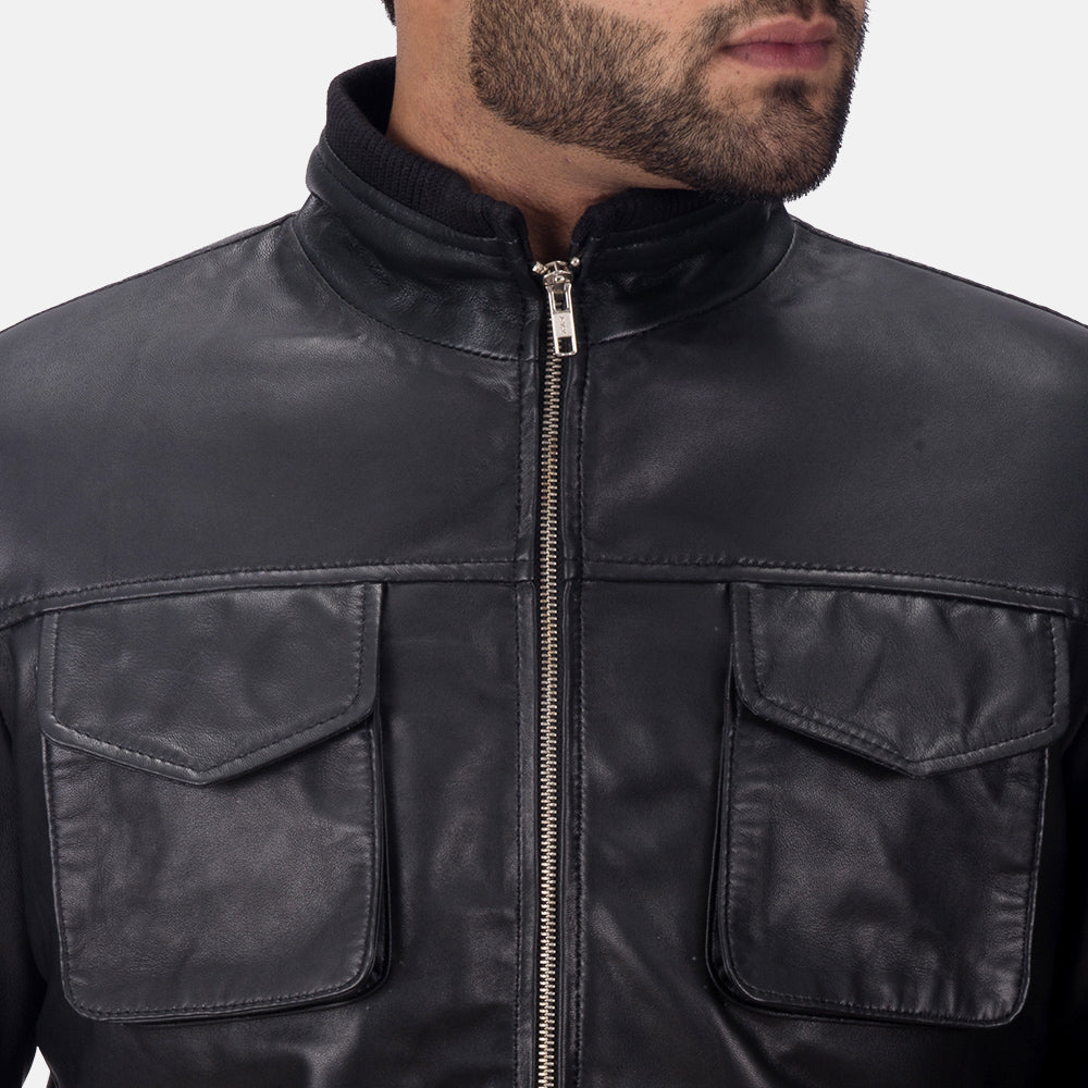 Maurice أسود جاكيت جلد رجالي - Lateral Side Profile View Showing Sleeve Cut &amp; Athletic Taper Fit