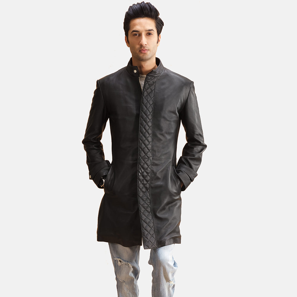 Men's Midlander مبطن أسود معطف جلد رجالي in Black Sheepskin Leather - Front Profile View &amp; Tailored Silhouette | Buy Online