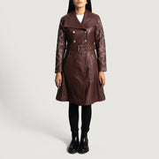 
Maroon Sheepskin Leather Trench Coat - عرض خلفي يوضح تفصيل الأكتاف المتقن والحاشية النظيفة