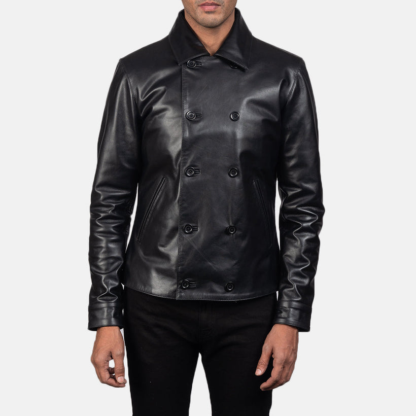 Mod أسود Leather Peacoat رجالي