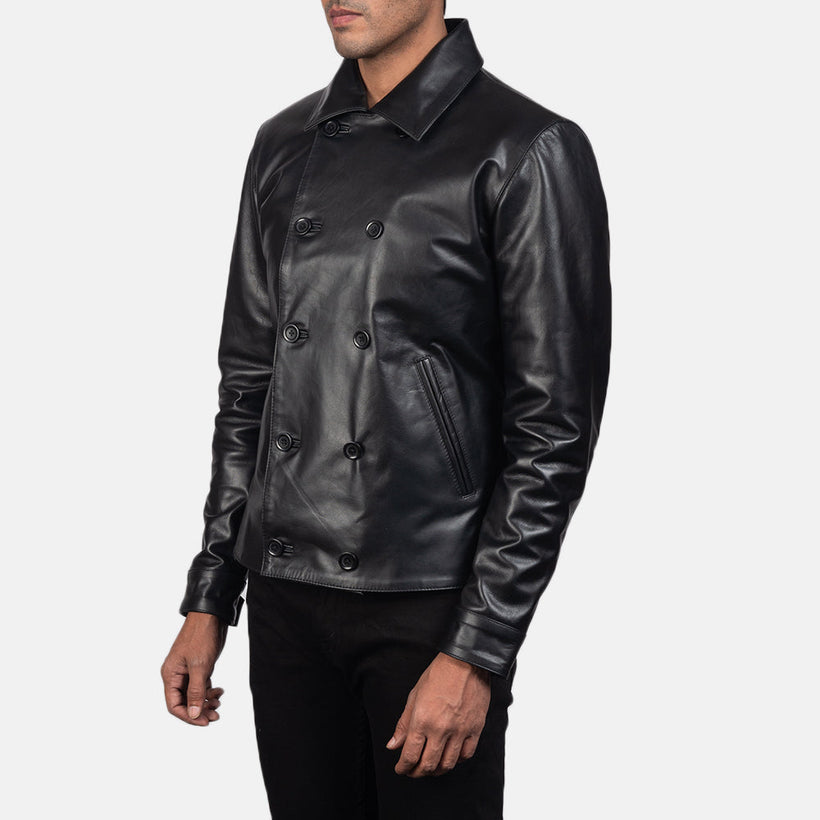 Mod أسود Leather Peacoat رجالي