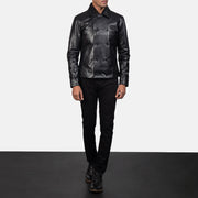 Mod أسود Leather Peacoat رجالي - Lateral Side Profile View Showing Sleeve Cut &amp; Athletic Taper Fit