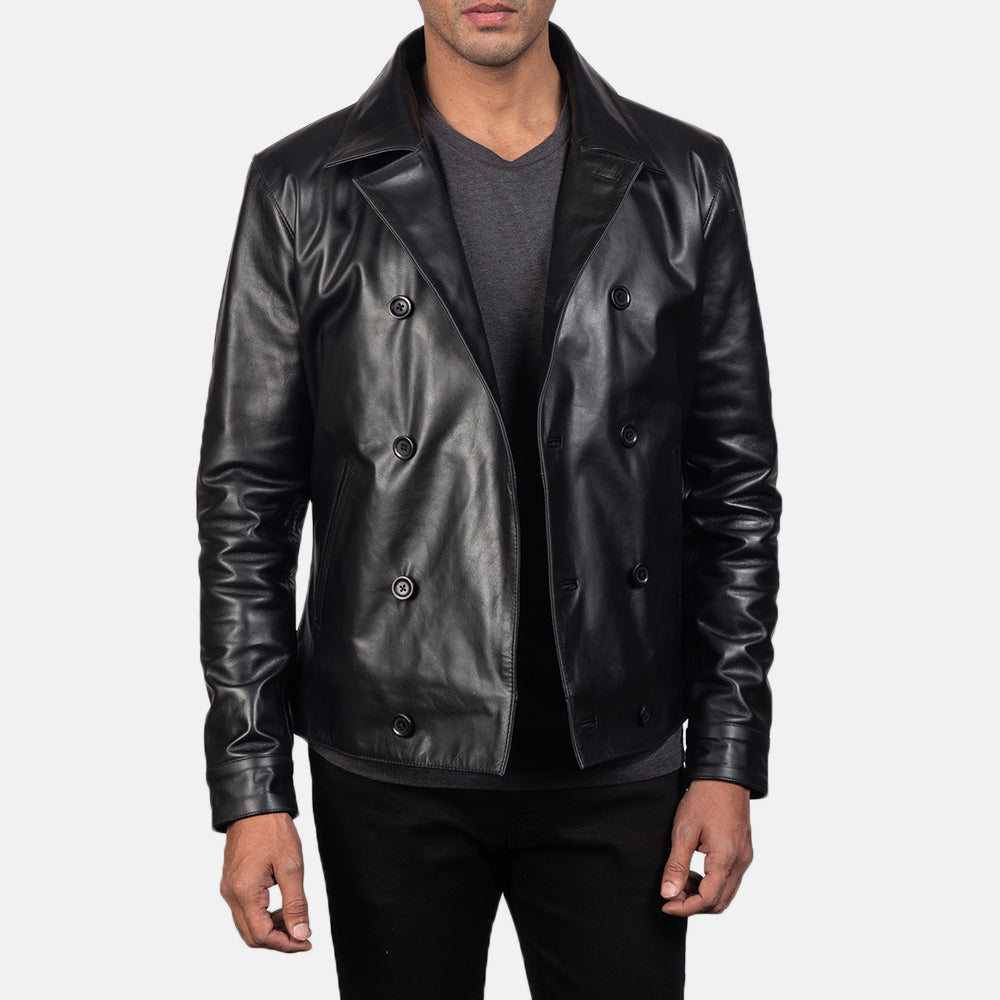 Close-Up Detail of Notch &amp; Buttons Hardware on Mod أسود Leather Peacoat رجالي
