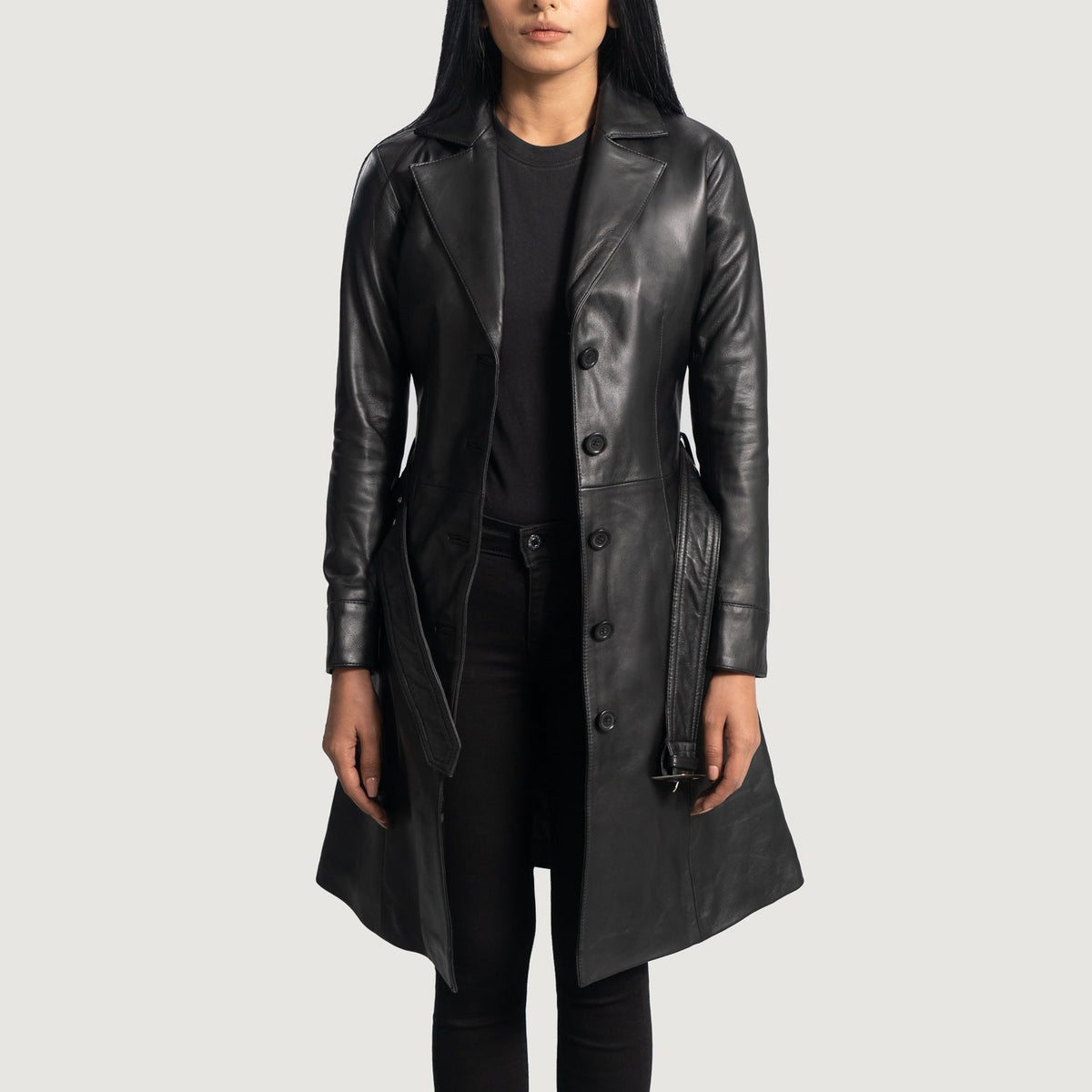 
Moonlight أسود معطف ترنش جلد نسائي in Black Sheepskin Leather - عرض أمامي وقَصّة مفصلة أنيقة | شراء أونلاين عبر المتجر الرسمي