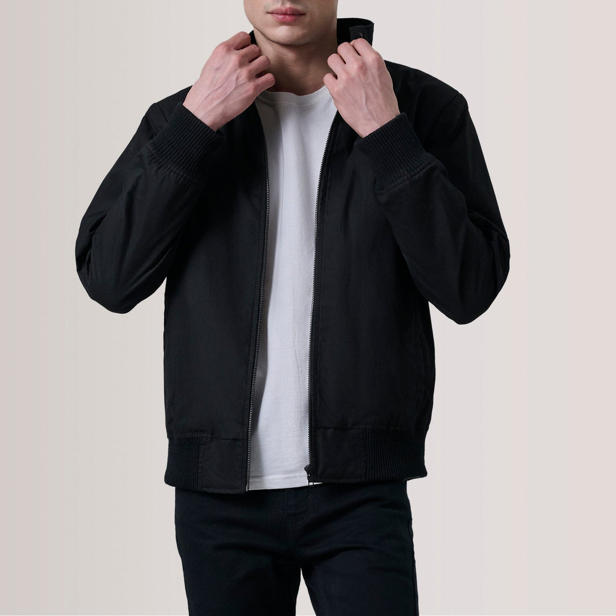 Morrison أسود Canvas جاكيت بومبر جلد رجالي For Men in Black Waxed Cotton Canvas - Front Profile View &amp; Tailored Silhouette | Buy Online