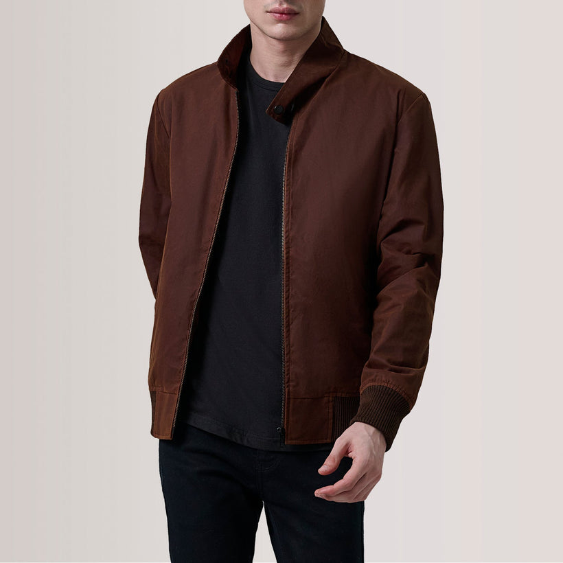 Morrison Brown Canvas Bomber Jacket For Men in Brown Waxed Cotton Canvas - Front Profile View & Tailored Silhouette | Buy Online