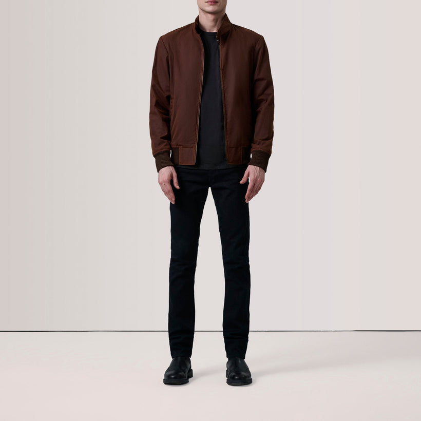 Brown Waxed Cotton Canvas Bomber Jacket - Back View Showing Tailored Shoulder Fit & Clean Hemline