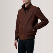 Morrison بني Canvas جاكيت بومبر جلد رجالي For Men - Lateral Side Profile View Showing Sleeve Cut &amp; Athletic Taper Fit