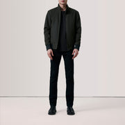 Olive Waxed Cotton Canvas Bomber Jacket - Back View Showing Tailored Shoulder Fit &amp; Clean Hemline