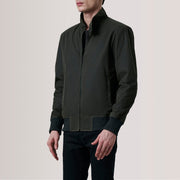 Morrison Olive Canvas جاكيت بومبر جلد رجالي For Men - Lateral Side Profile View Showing Sleeve Cut &amp; Athletic Taper Fit