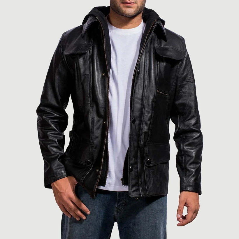 Moulder Hooded أسود جاكيت جلد رجالي