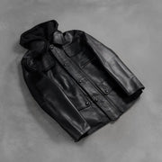 Zipper &amp; Hem Craftsmanship Construction Detail on Men's Moulder Hooded أسود جاكيت جلد رجالي